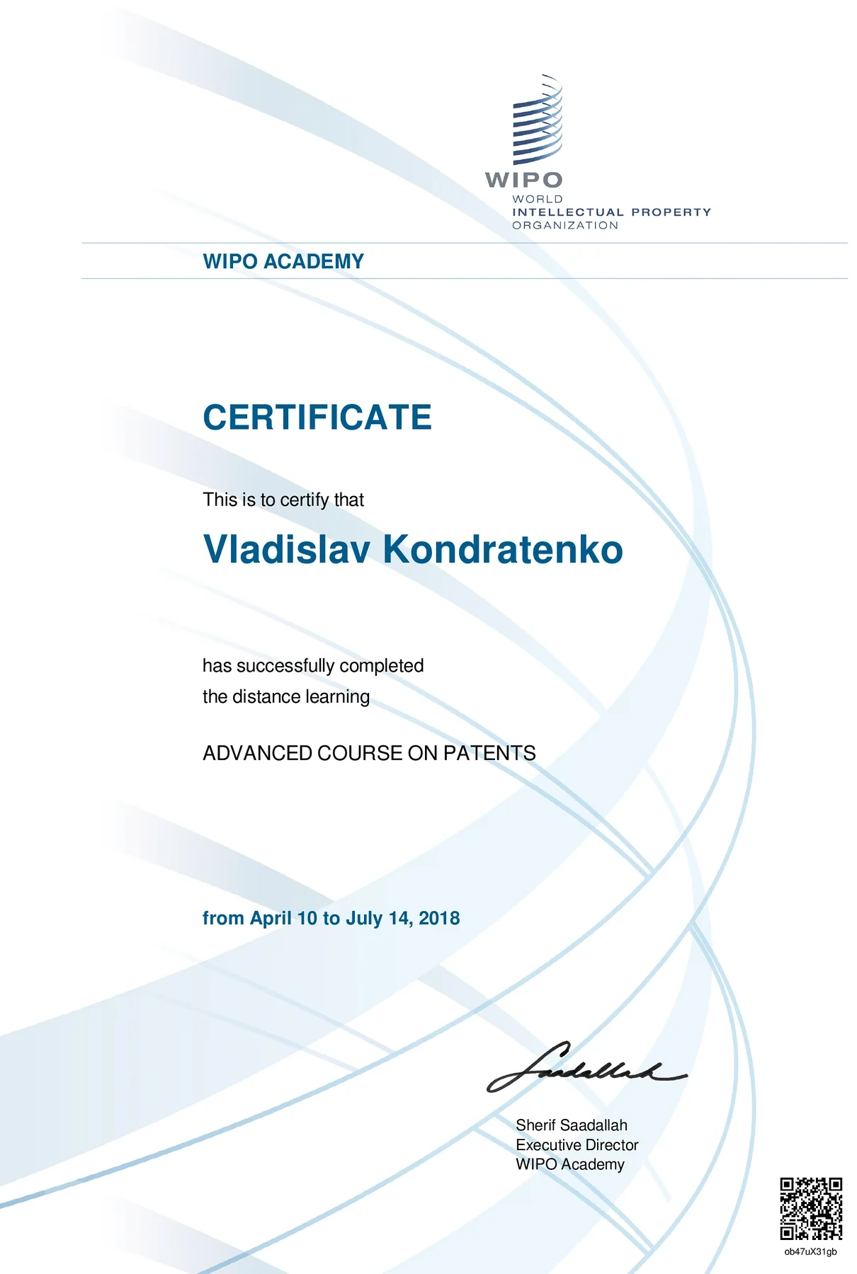 Advanced Course on Patents